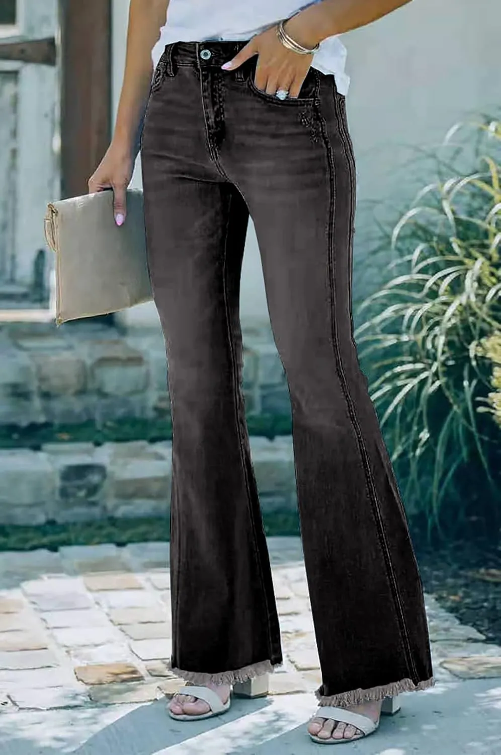 Necooer Womens Flare Jeans Classic Stretch Raw Hem Flare Bell Bottom Denim Jeans Pants