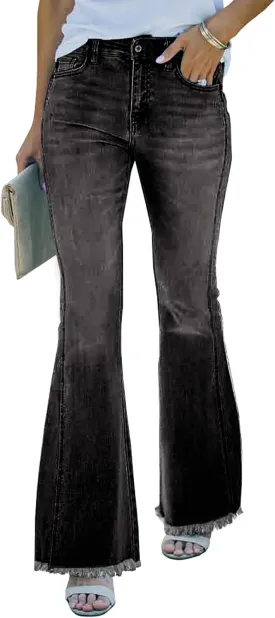 Necooer Womens Flare Jeans Classic Stretch Raw Hem Flare Bell Bottom Denim Jeans Pants