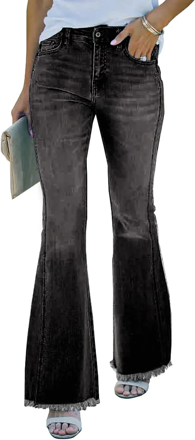 Necooer Womens Flare Jeans Classic Stretch Raw Hem Flare Bell Bottom Denim Jeans Pants