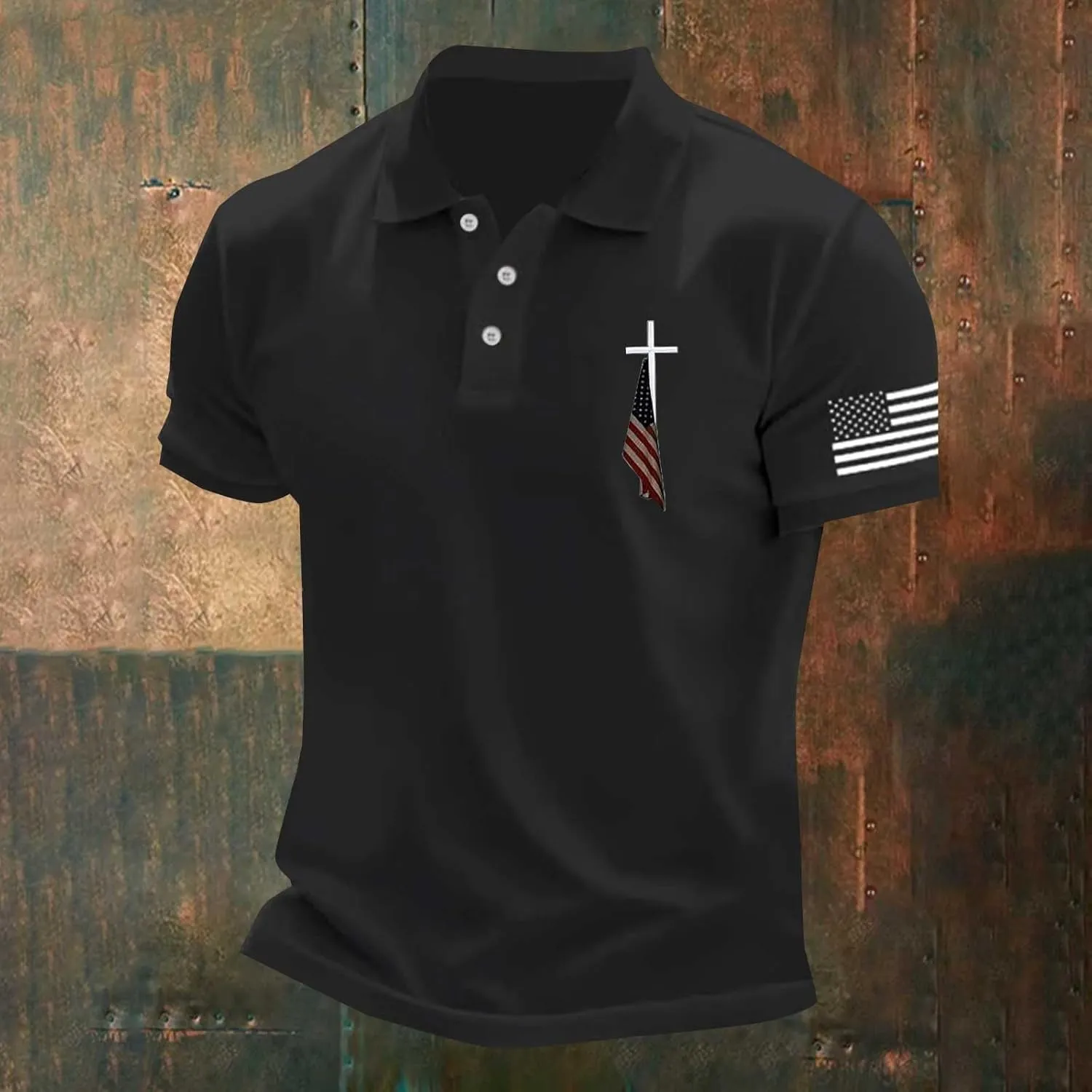 Polo T Shirts for Men Christian Jesus Faith Cross American USA Flag Golf T-Shirts Casual Short Sleeve Work Tops