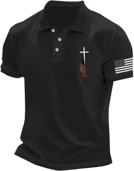 Polo T Shirts for Men Christian Jesus Faith Cross American USA Flag Golf T-Shirts Casual Short Sleeve Work Tops