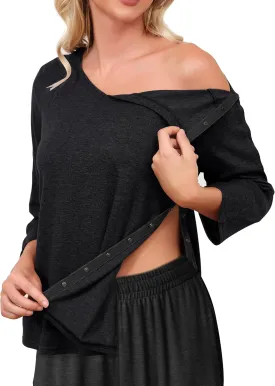 Post Shoulder Surgery Shirts for WomenTear Away 3/4 Sleeve Full Open Side Snap Dialysis Chemo Adaptive Clothing