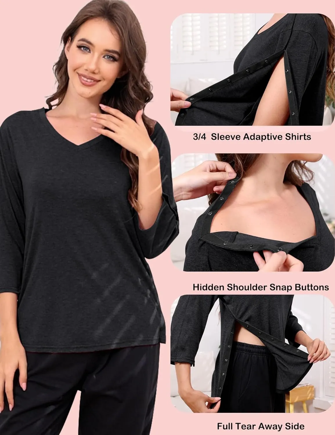 Post Shoulder Surgery Shirts for WomenTear Away 3/4 Sleeve Full Open Side Snap Dialysis Chemo Adaptive Clothing