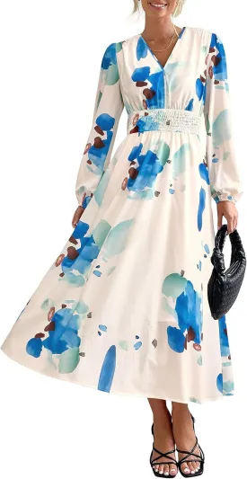 PRETTYGARDEN Women's Spring Floral Midi Dress Fall Long Sleeve V Neck Flowy Casual Beach Vacation Wedding Guest Dresses