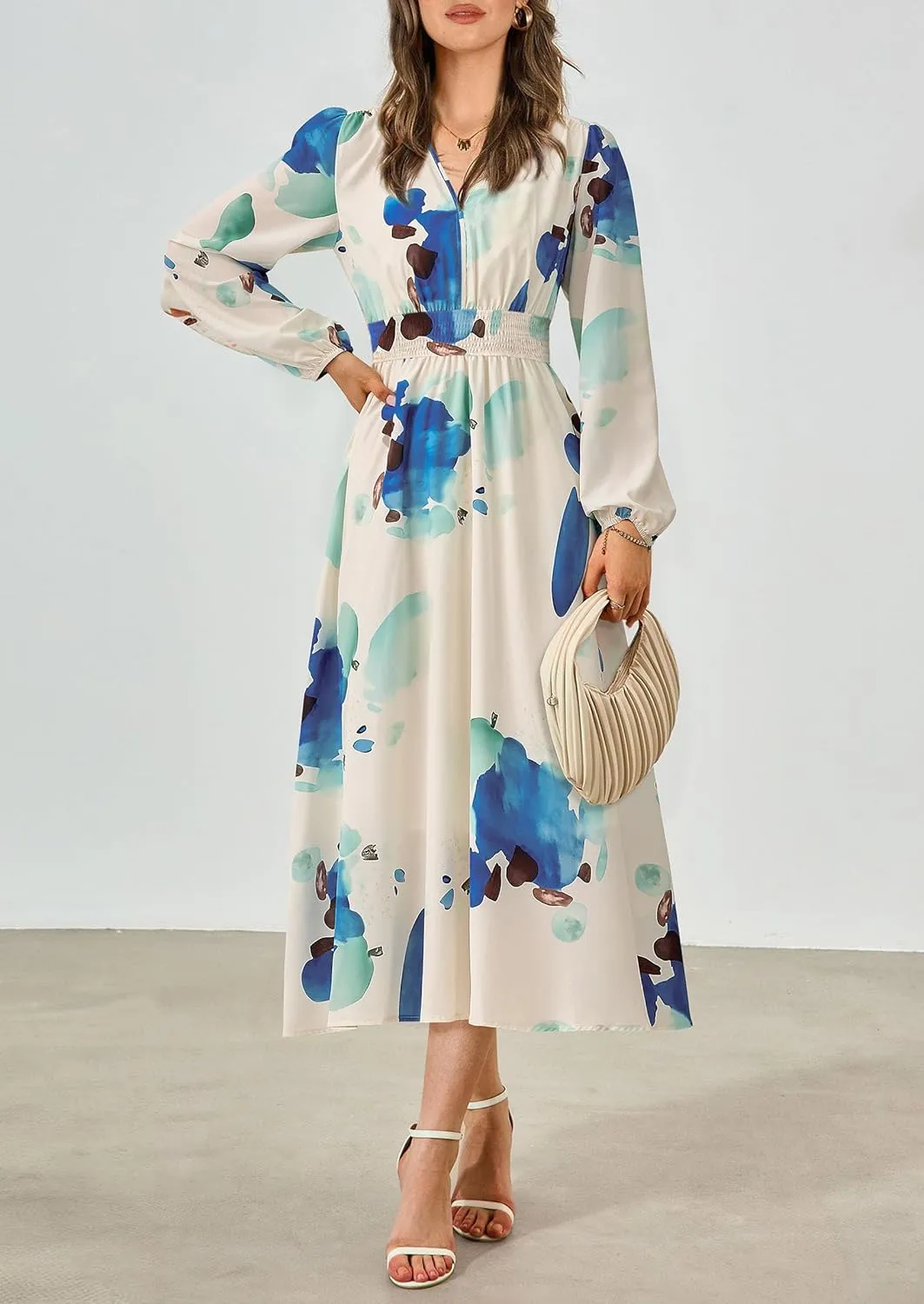 PRETTYGARDEN Women's Spring Floral Midi Dress Fall Long Sleeve V Neck Flowy Casual Beach Vacation Wedding Guest Dresses