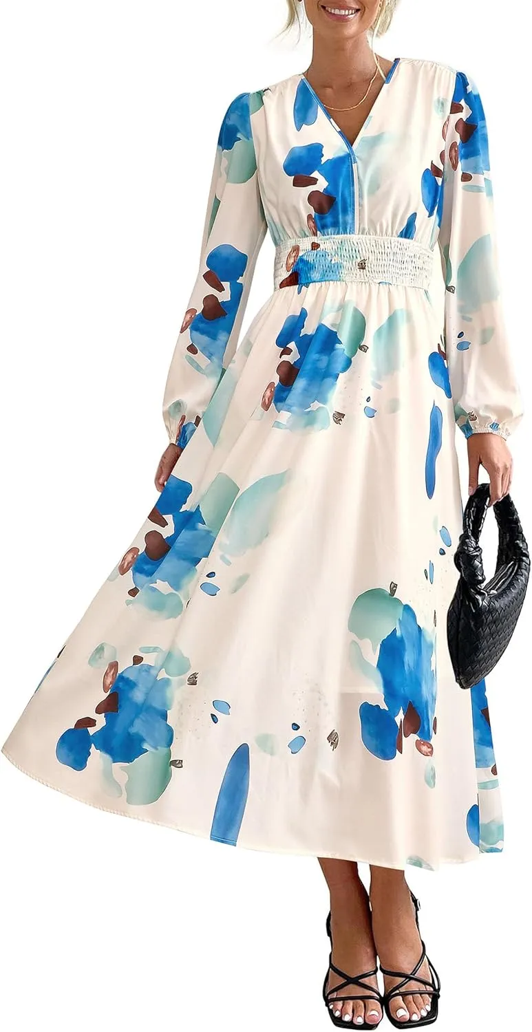 PRETTYGARDEN Women's Spring Floral Midi Dress Fall Long Sleeve V Neck Flowy Casual Beach Vacation Wedding Guest Dresses