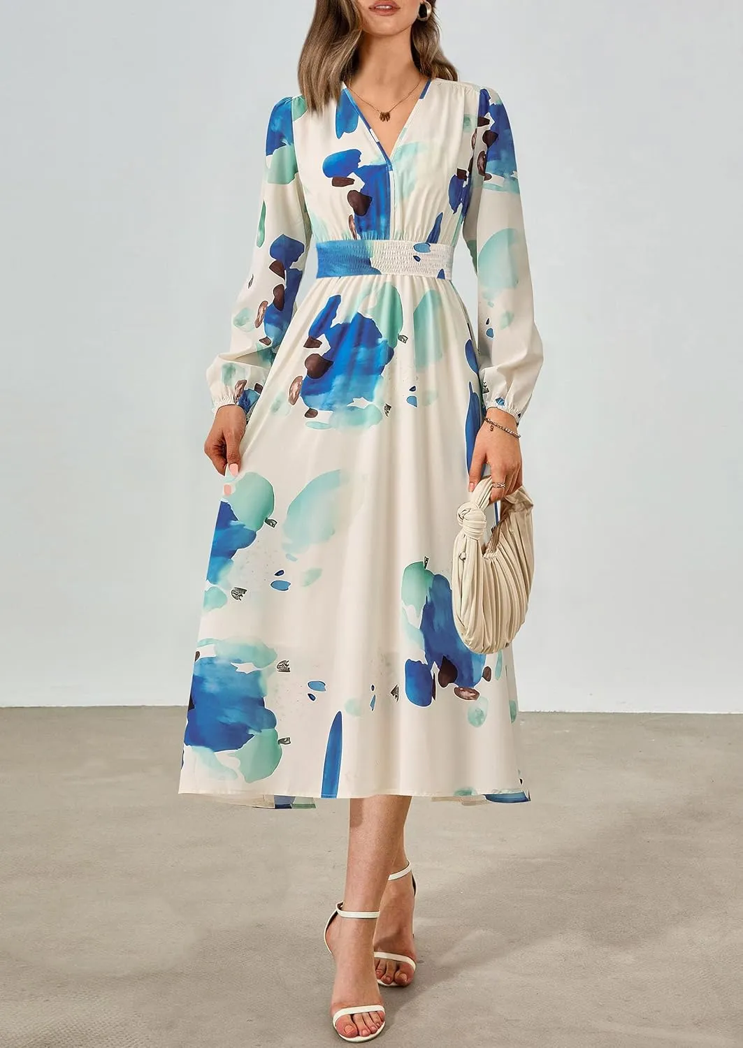 PRETTYGARDEN Women's Spring Floral Midi Dress Fall Long Sleeve V Neck Flowy Casual Beach Vacation Wedding Guest Dresses
