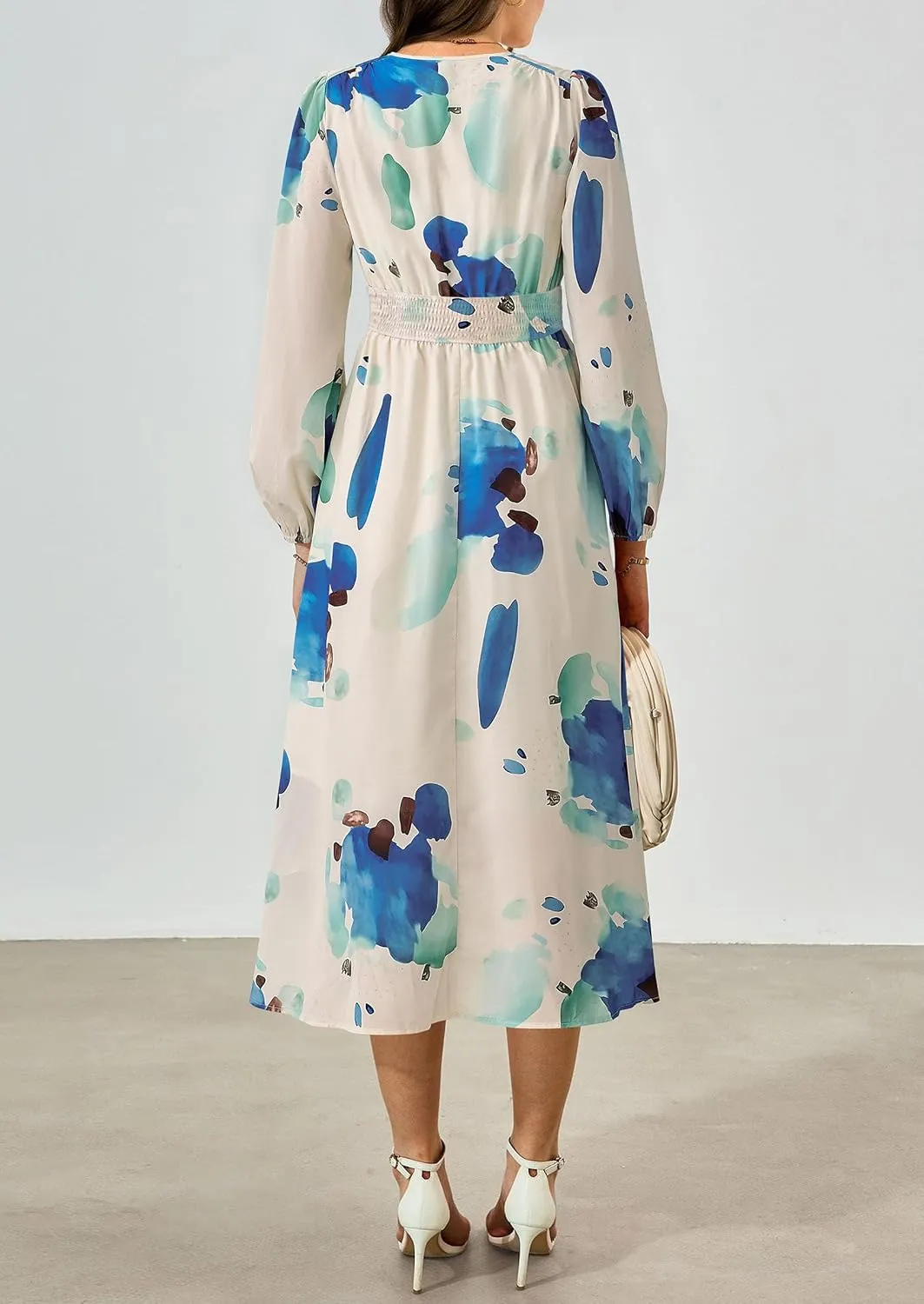 PRETTYGARDEN Women's Spring Floral Midi Dress Fall Long Sleeve V Neck Flowy Casual Beach Vacation Wedding Guest Dresses