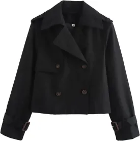 Short Trench Coat for Women, Double Breasted Long Sleeve Lapel Casual Jackets Outerwear with Pockets