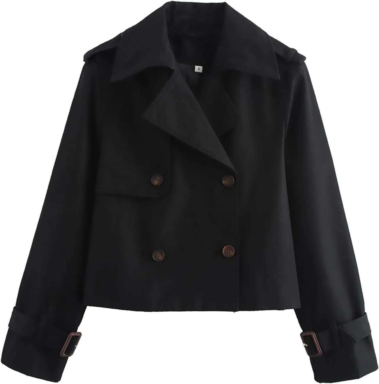 Short Trench Coat for Women, Double Breasted Long Sleeve Lapel Casual Jackets Outerwear with Pockets