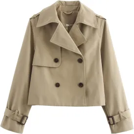 Short Trench Coat for Women, Double Breasted Long Sleeve Lapel Casual Jackets Outerwear with Pockets