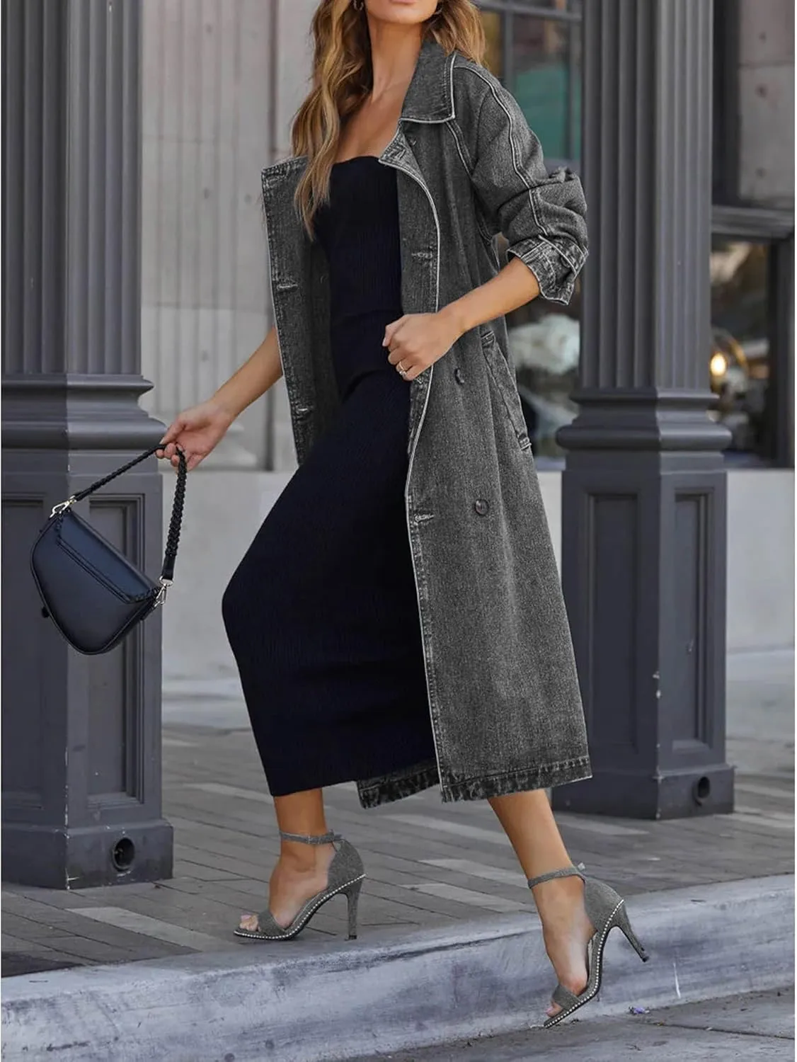SOMTHRON Women's Classic Long Jean Jacket Loose Fit Double Breasted Lapel Belted Midi Denim Trench Coat Windbreaker