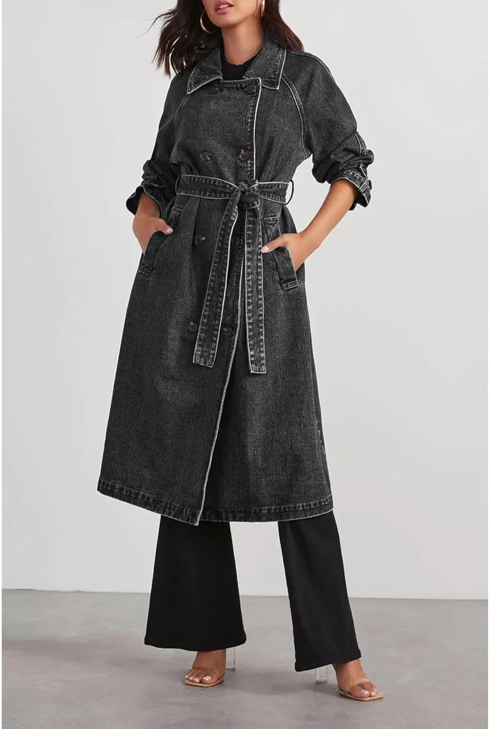SOMTHRON Women's Classic Long Jean Jacket Loose Fit Double Breasted Lapel Belted Midi Denim Trench Coat Windbreaker