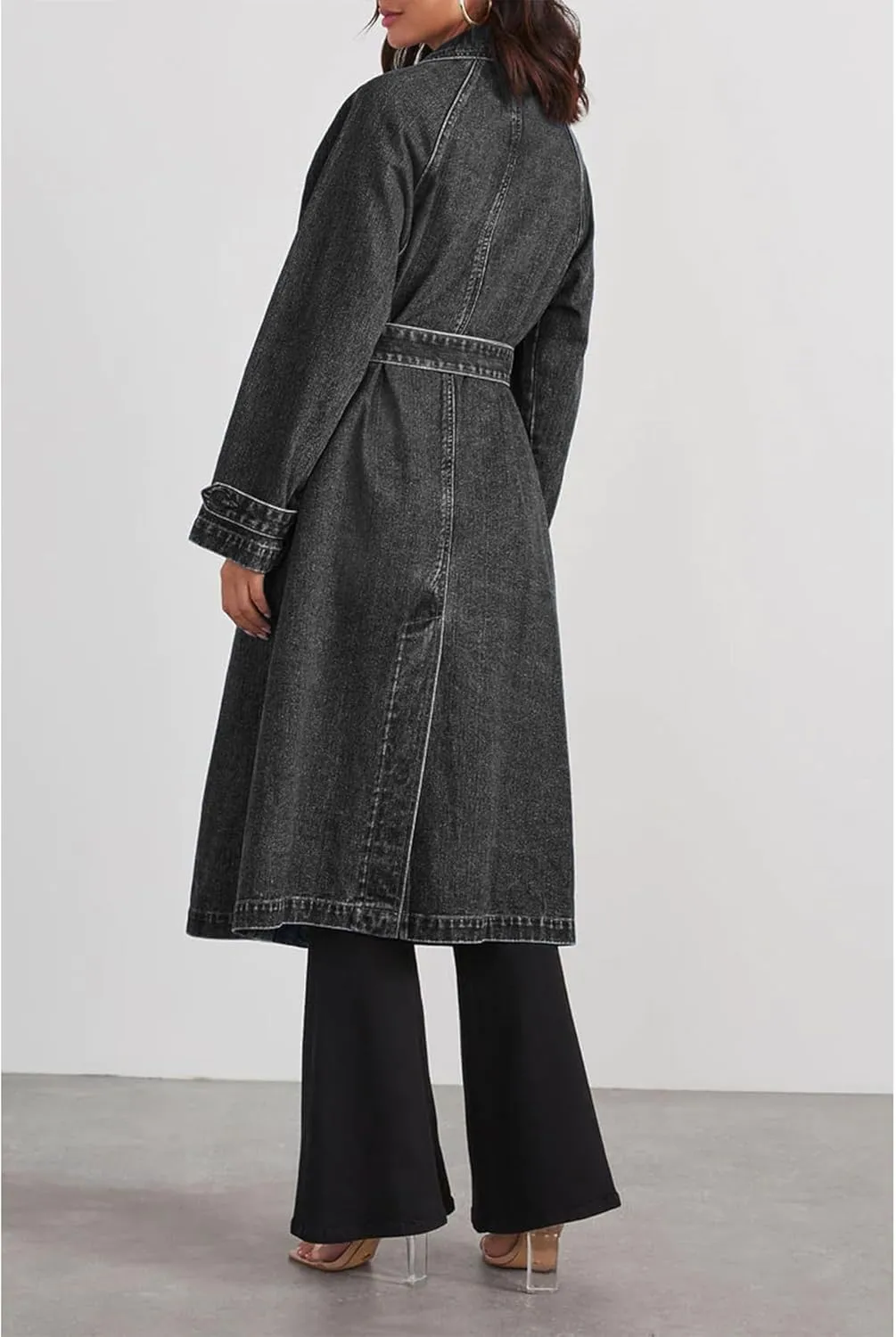 SOMTHRON Women's Classic Long Jean Jacket Loose Fit Double Breasted Lapel Belted Midi Denim Trench Coat Windbreaker