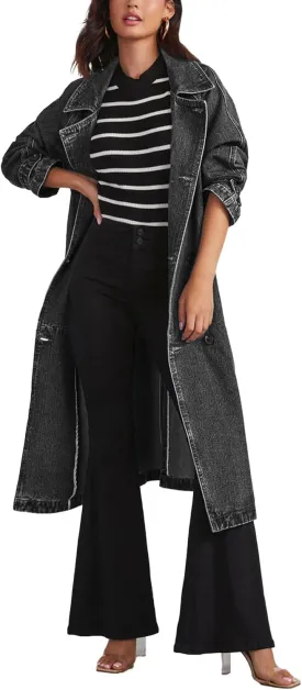 SOMTHRON Women's Classic Long Jean Jacket Loose Fit Double Breasted Lapel Belted Midi Denim Trench Coat Windbreaker