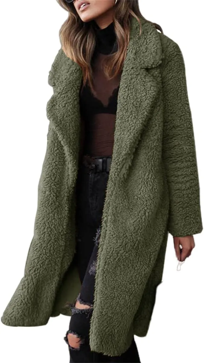 Teddy Bear Jacket for Women Fuzzy Fleece Coat Lapel Long Sleeve Cardigan Faux Fur Warm Winter Outwear Long Overcoat