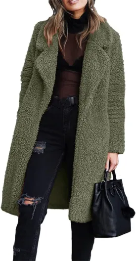 Teddy Bear Jacket for Women Fuzzy Fleece Coat Lapel Long Sleeve Cardigan Faux Fur Warm Winter Outwear Long Overcoat