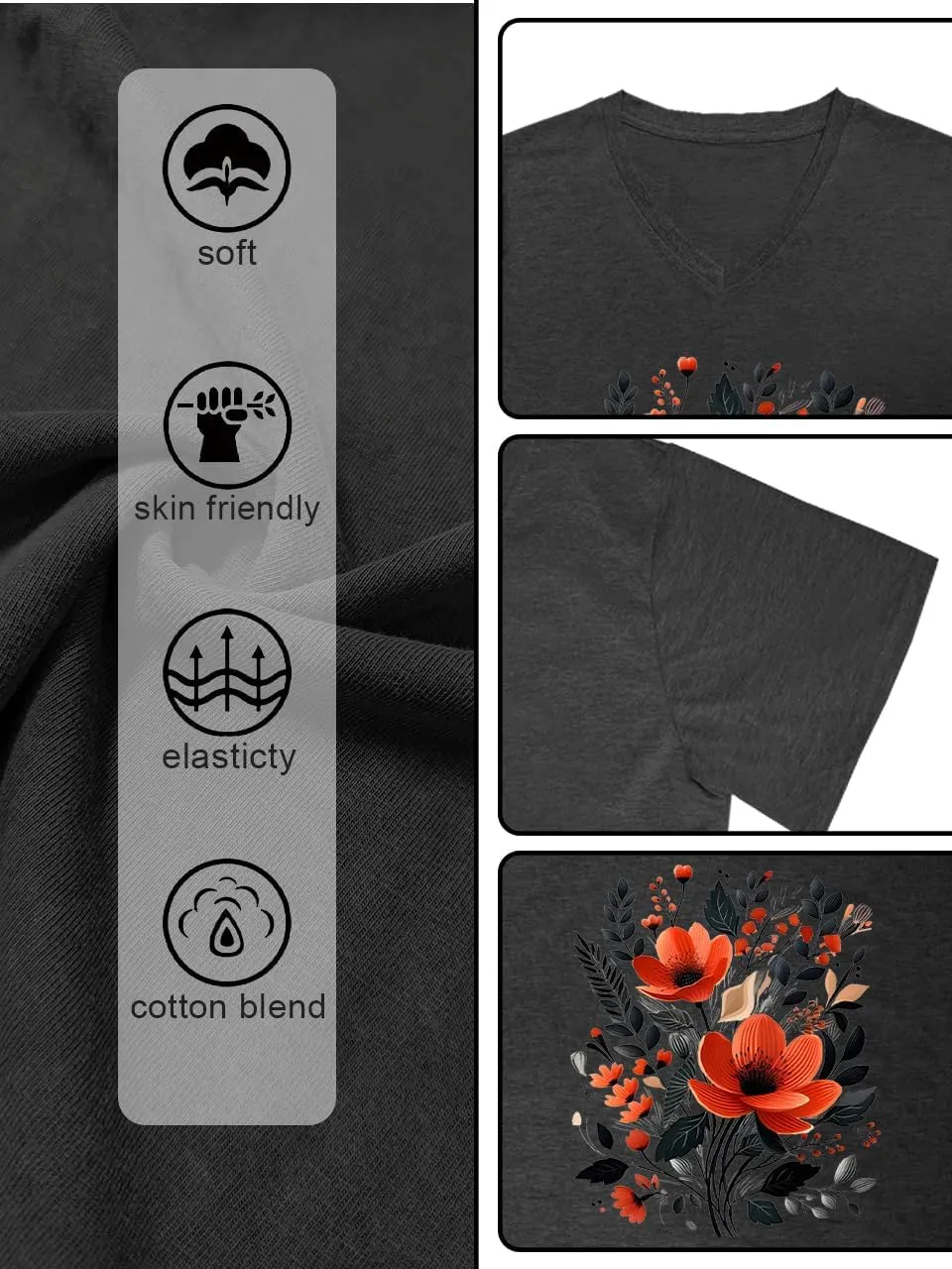 V Neck T Shirts for Women Cute Flower Graphic Tees Summer Tops Floral Print T Shirts Vintage Wildflower Tees