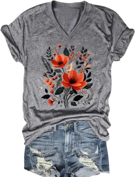 V Neck T Shirts for Women Cute Flower Graphic Tees Summer Tops Floral Print T Shirts Vintage Wildflower Tees