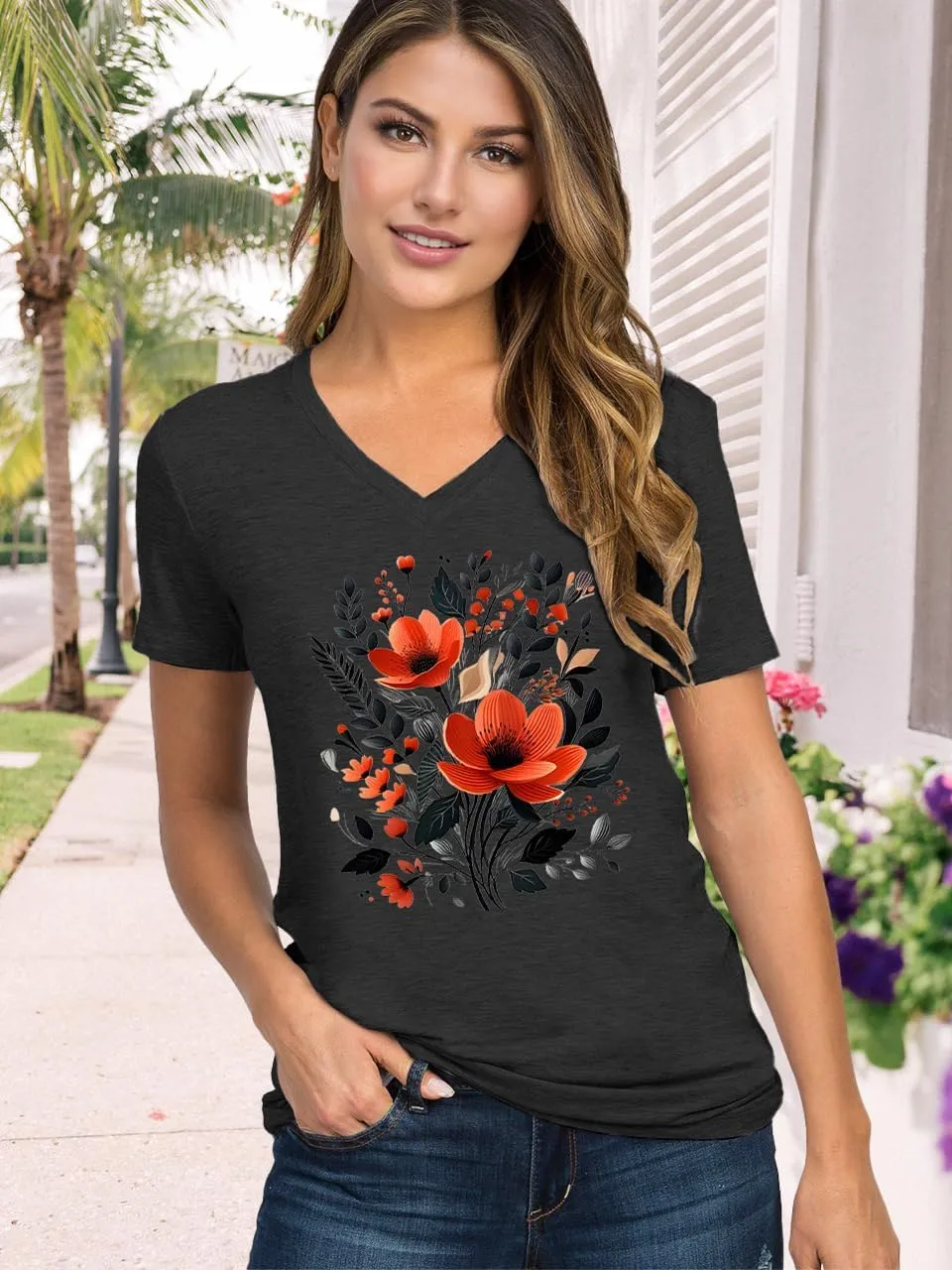 V Neck T Shirts for Women Cute Flower Graphic Tees Summer Tops Floral Print T Shirts Vintage Wildflower Tees