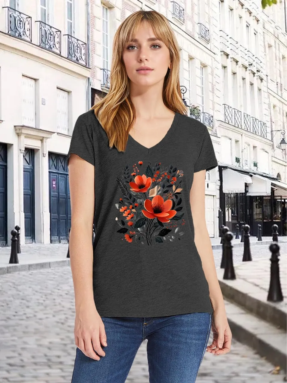 V Neck T Shirts for Women Cute Flower Graphic Tees Summer Tops Floral Print T Shirts Vintage Wildflower Tees