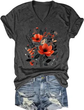 V Neck T Shirts for Women Cute Flower Graphic Tees Summer Tops Floral Print T Shirts Vintage Wildflower Tees