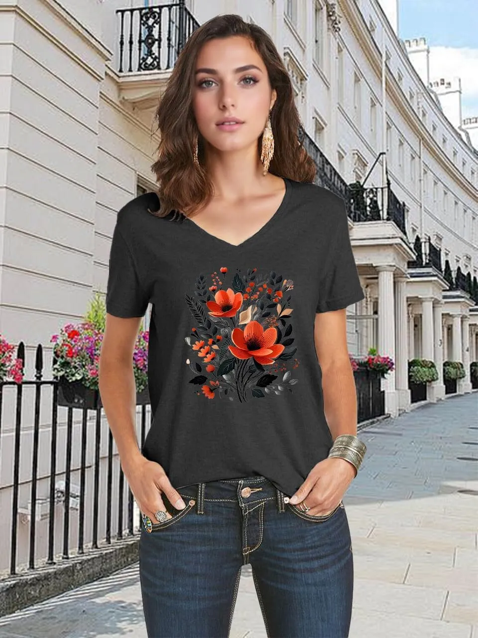 V Neck T Shirts for Women Cute Flower Graphic Tees Summer Tops Floral Print T Shirts Vintage Wildflower Tees