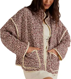 Women Floral Printed Quilted Lightweight Jackets Cropped Puffer Long Sleeve Open Front Cardigan Padded Puffy Coat