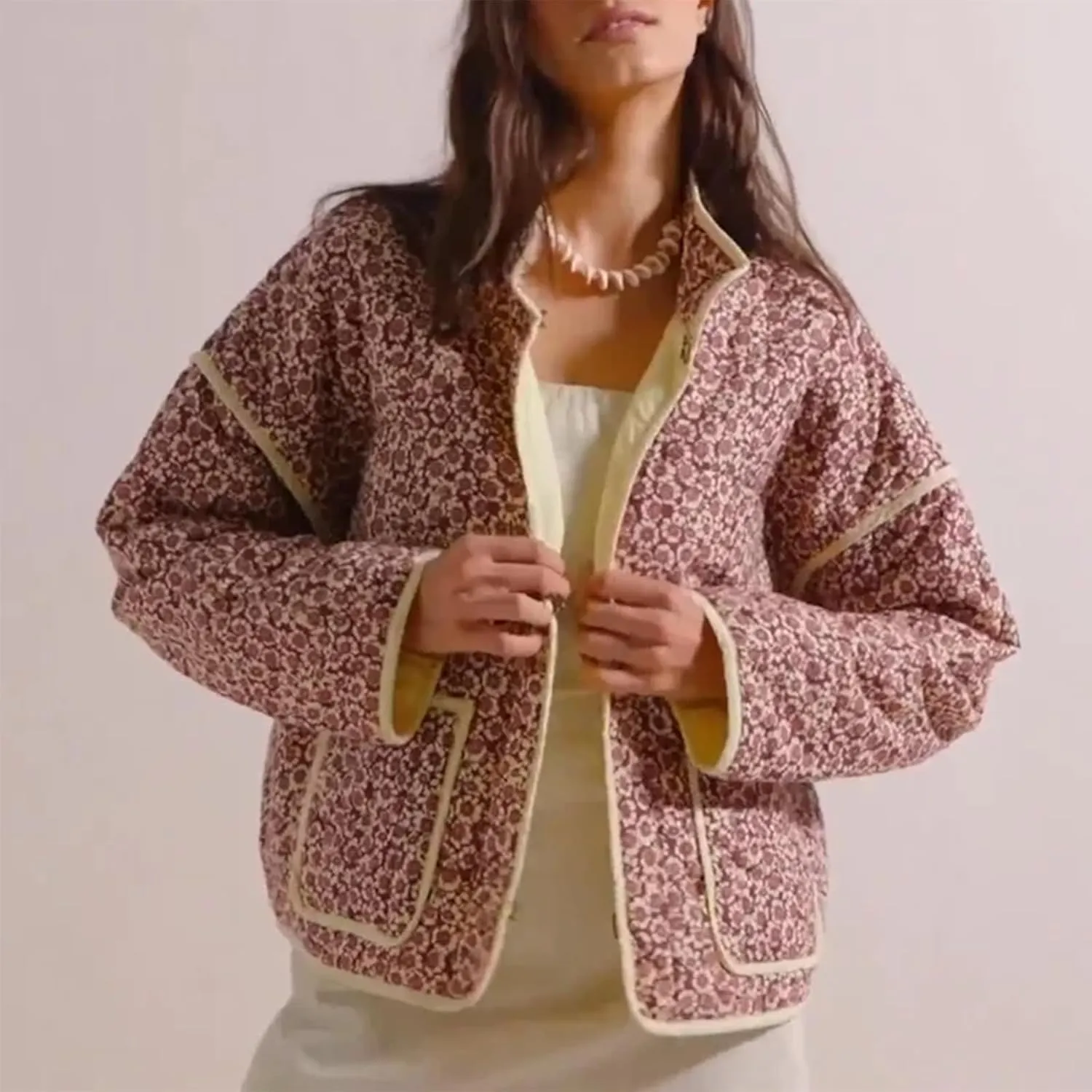 Women Floral Printed Quilted Lightweight Jackets Cropped Puffer Long Sleeve Open Front Cardigan Padded Puffy Coat