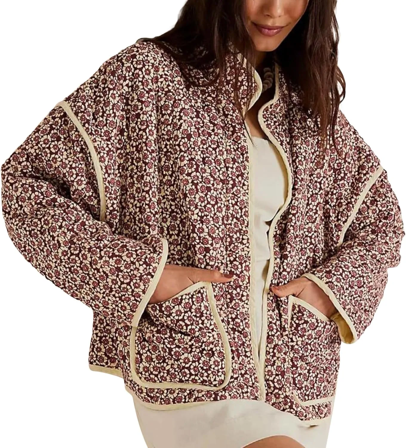 Women Floral Printed Quilted Lightweight Jackets Cropped Puffer Long Sleeve Open Front Cardigan Padded Puffy Coat