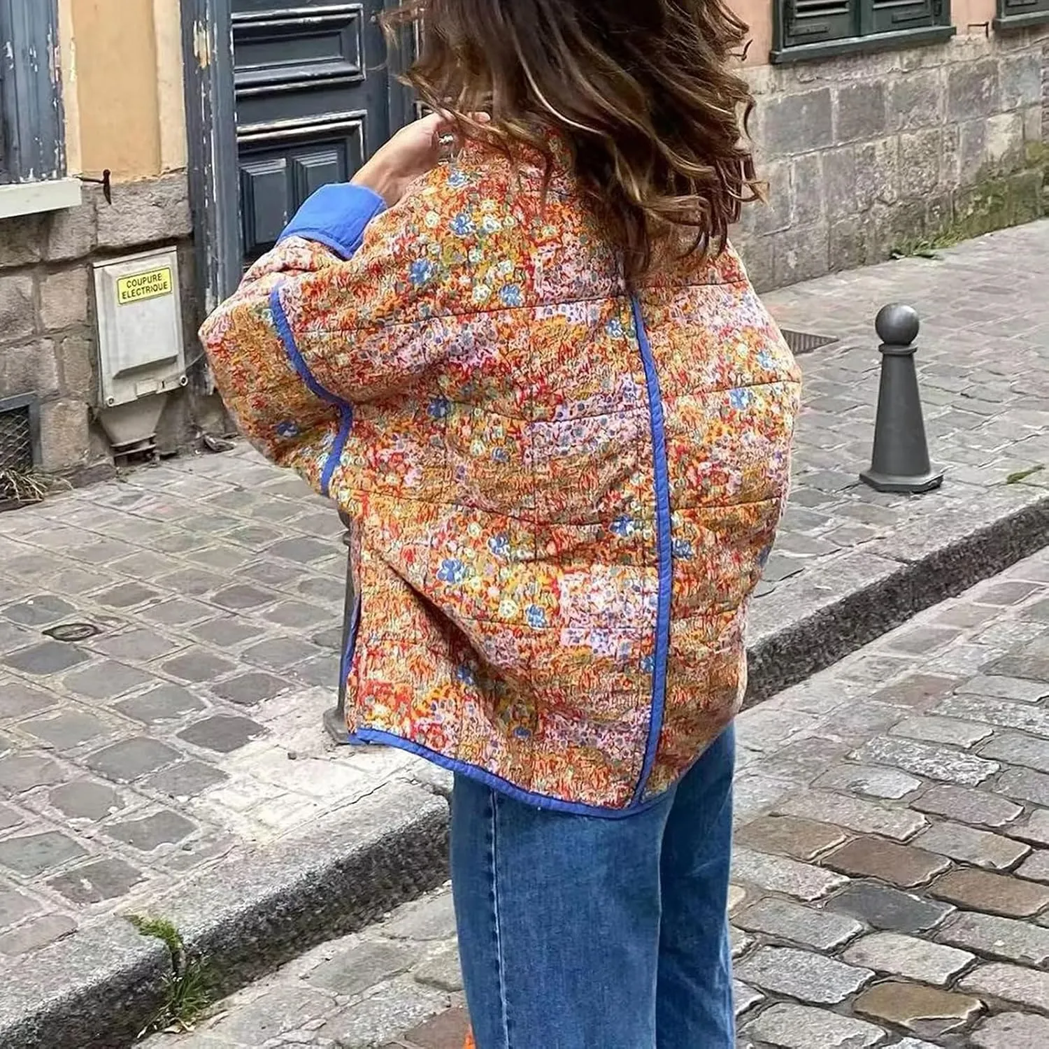 Women Floral Printed Quilted Lightweight Jackets Cropped Puffer Long Sleeve Open Front Cardigan Padded Puffy Coat