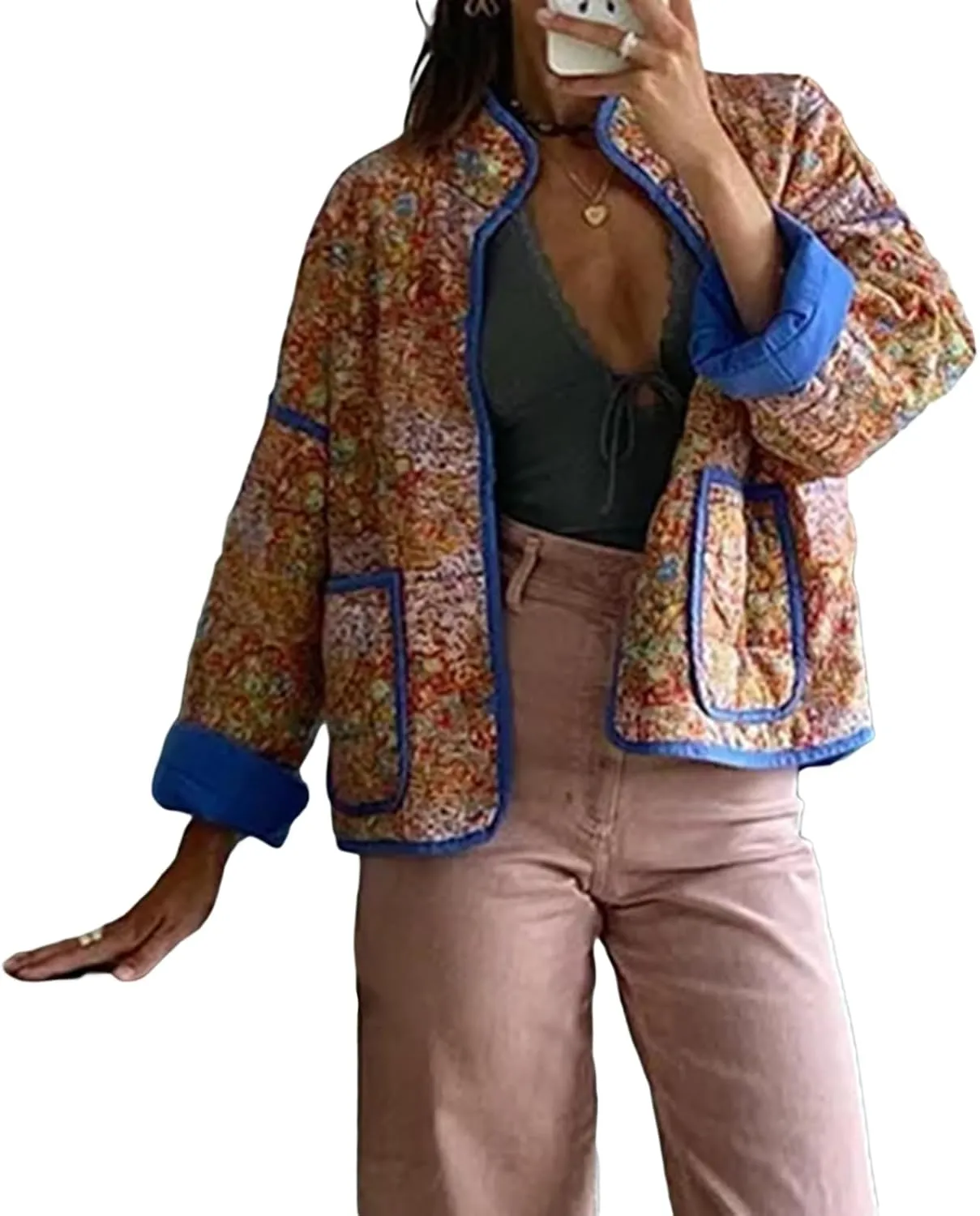 Women Floral Printed Quilted Lightweight Jackets Cropped Puffer Long Sleeve Open Front Cardigan Padded Puffy Coat