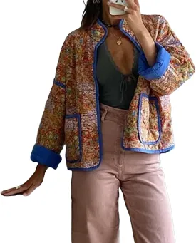 Women Floral Printed Quilted Lightweight Jackets Cropped Puffer Long Sleeve Open Front Cardigan Padded Puffy Coat