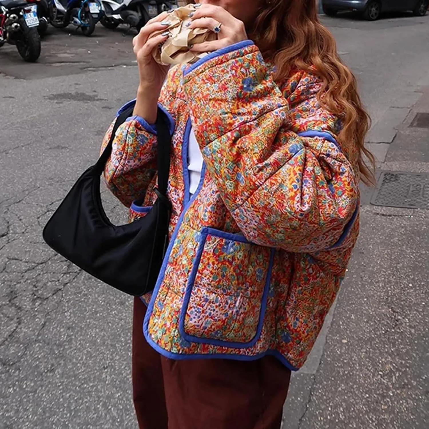 Women Floral Printed Quilted Lightweight Jackets Cropped Puffer Long Sleeve Open Front Cardigan Padded Puffy Coat