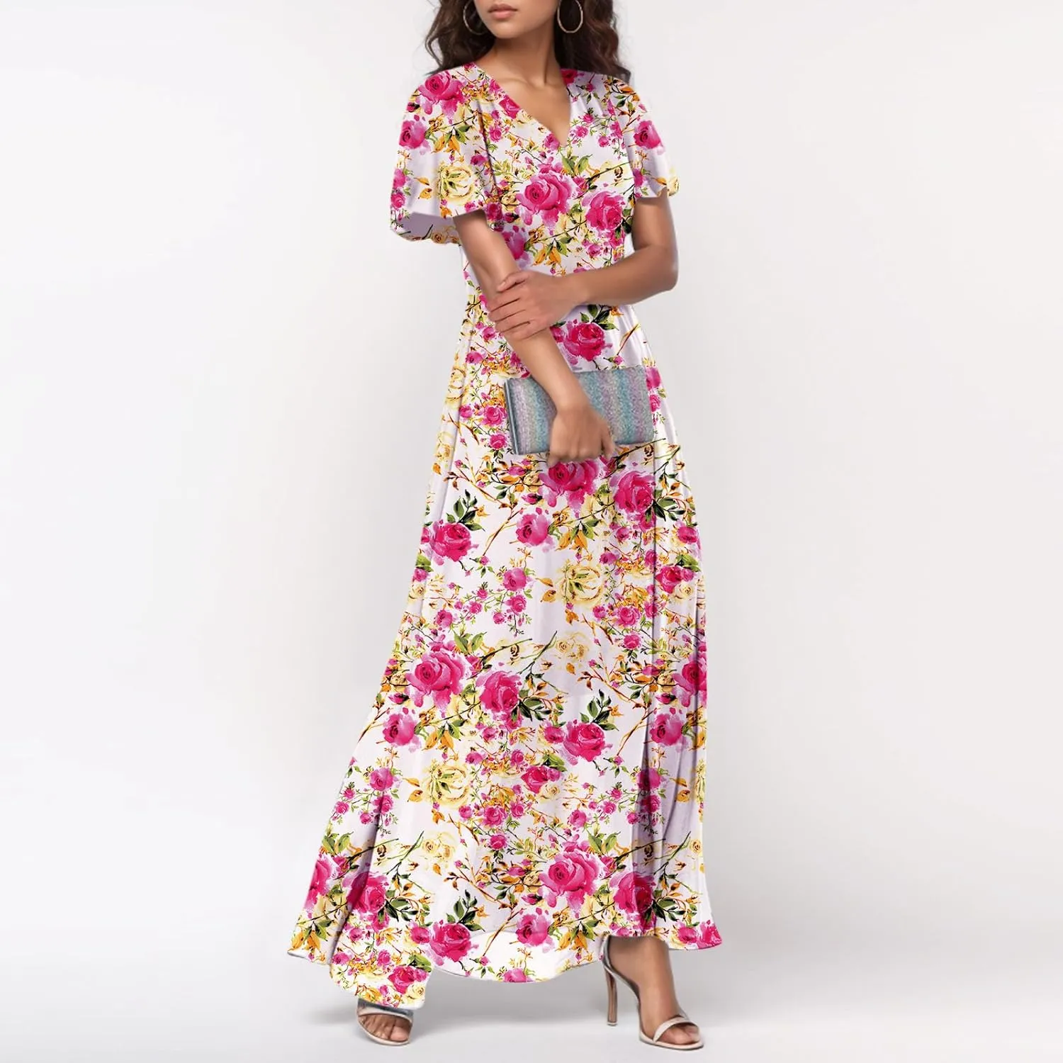 Women Summer Bohemian Floral Casual Wrap V Neck Ruffle Cap Sleeveless Belt A-Line Pleated Hem Long Sundress