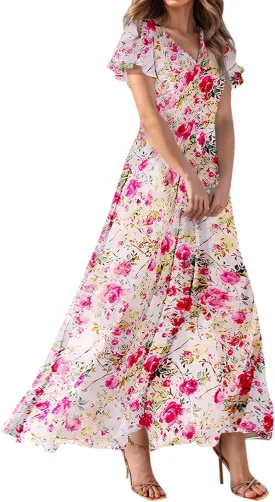 Women Summer Bohemian Floral Casual Wrap V Neck Ruffle Cap Sleeveless Belt A-Line Pleated Hem Long Sundress