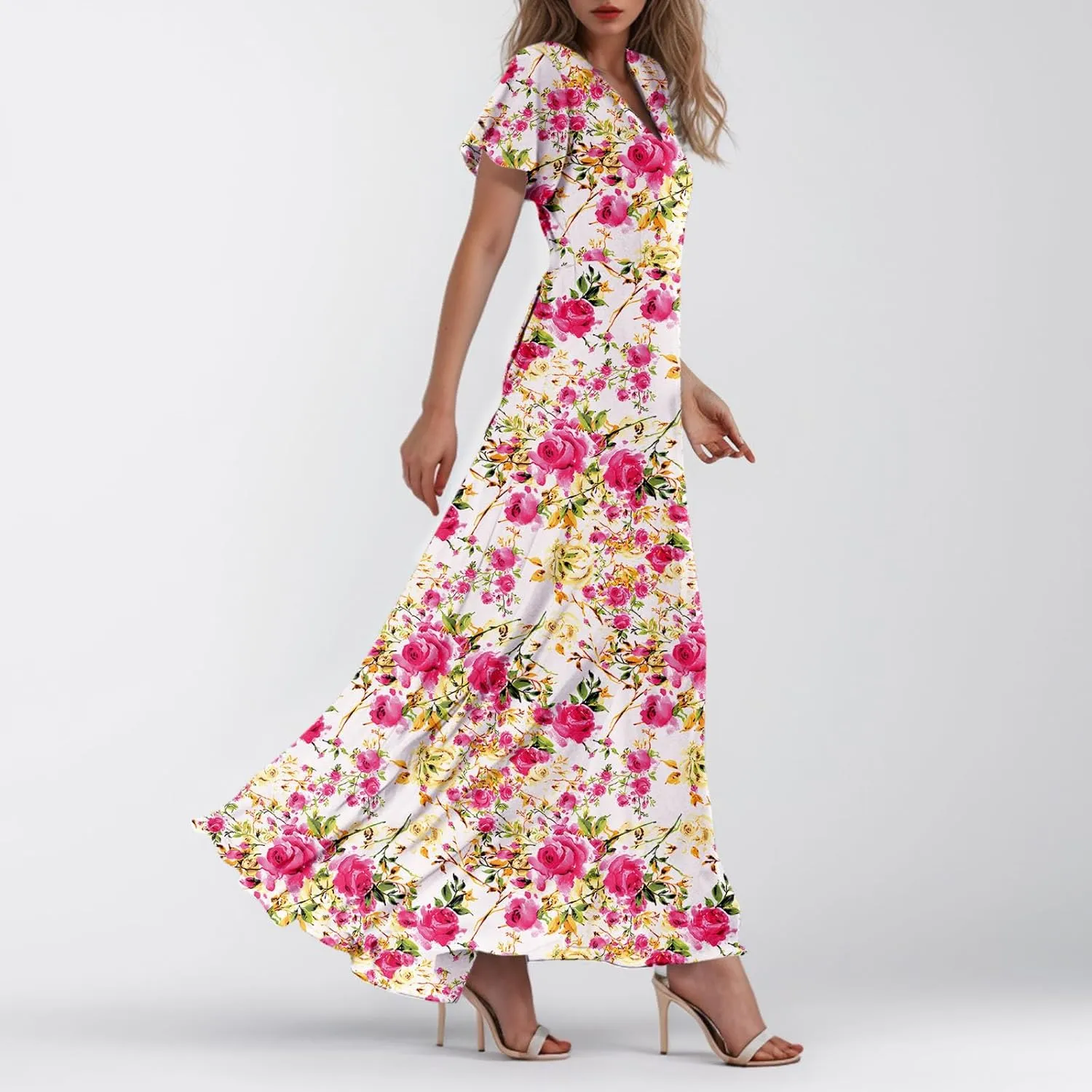 Women Summer Bohemian Floral Casual Wrap V Neck Ruffle Cap Sleeveless Belt A-Line Pleated Hem Long Sundress