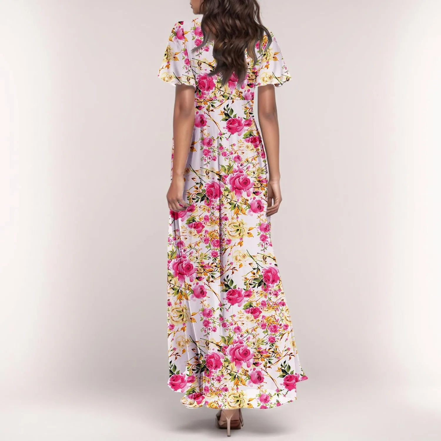 Women Summer Bohemian Floral Casual Wrap V Neck Ruffle Cap Sleeveless Belt A-Line Pleated Hem Long Sundress
