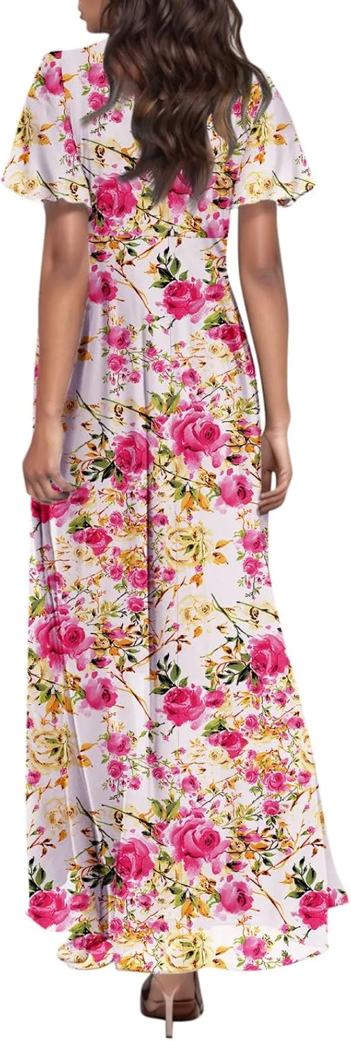 Women Summer Bohemian Floral Casual Wrap V Neck Ruffle Cap Sleeveless Belt A-Line Pleated Hem Long Sundress