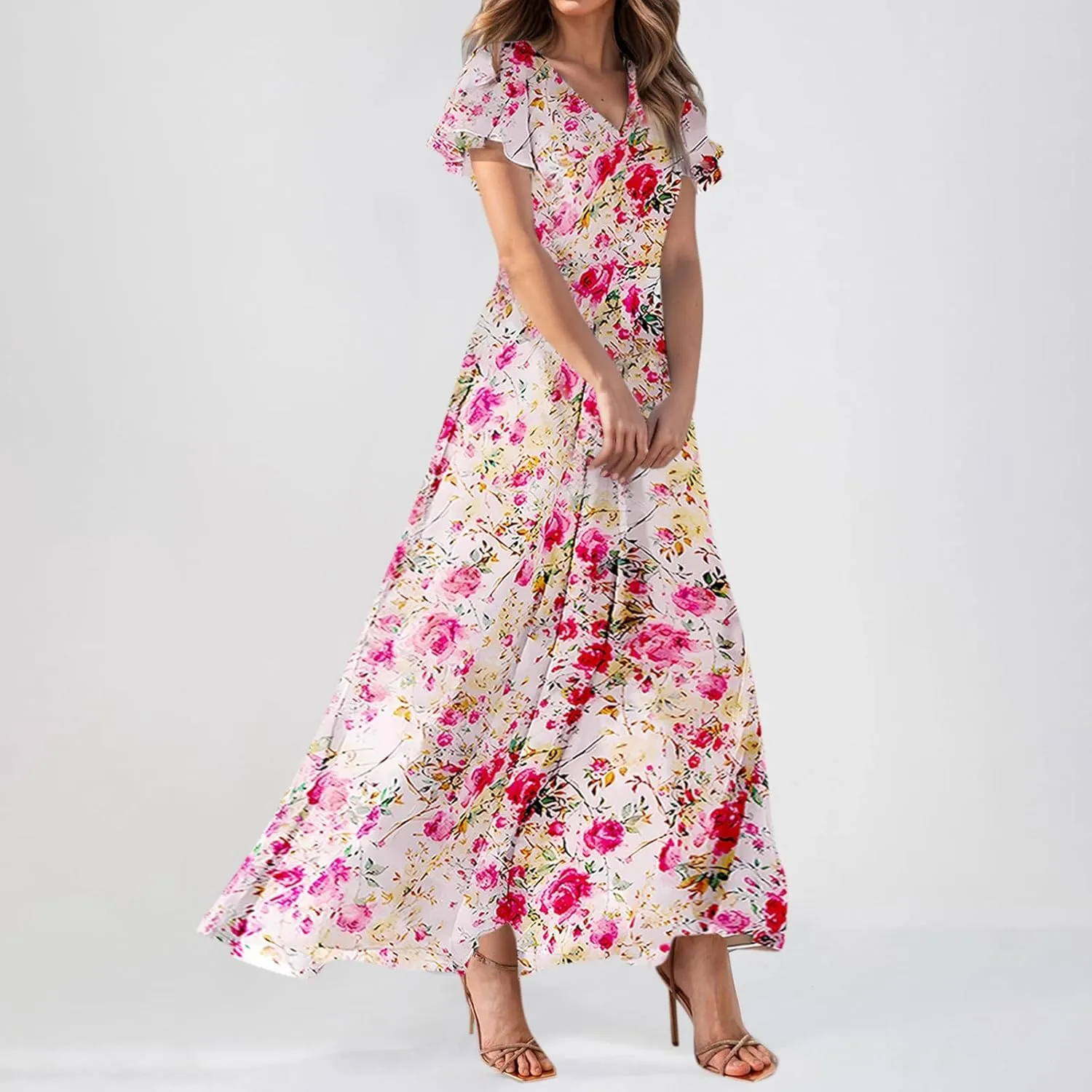 Women Summer Bohemian Floral Casual Wrap V Neck Ruffle Cap Sleeveless Belt A-Line Pleated Hem Long Sundress