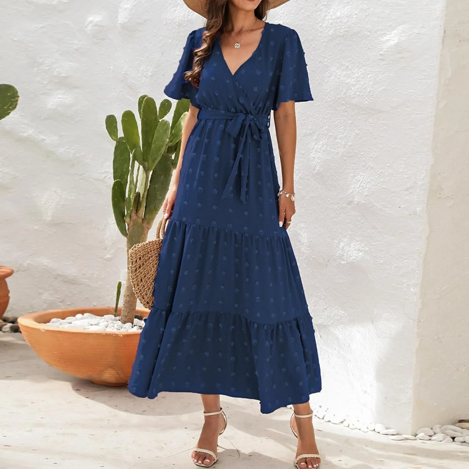 Womens Boho Swiss Dot Maxi Dresses Summer Wrap V Neck Flutter Short Sleeve Tie Belt A Line Tiered Flowy Long Dress