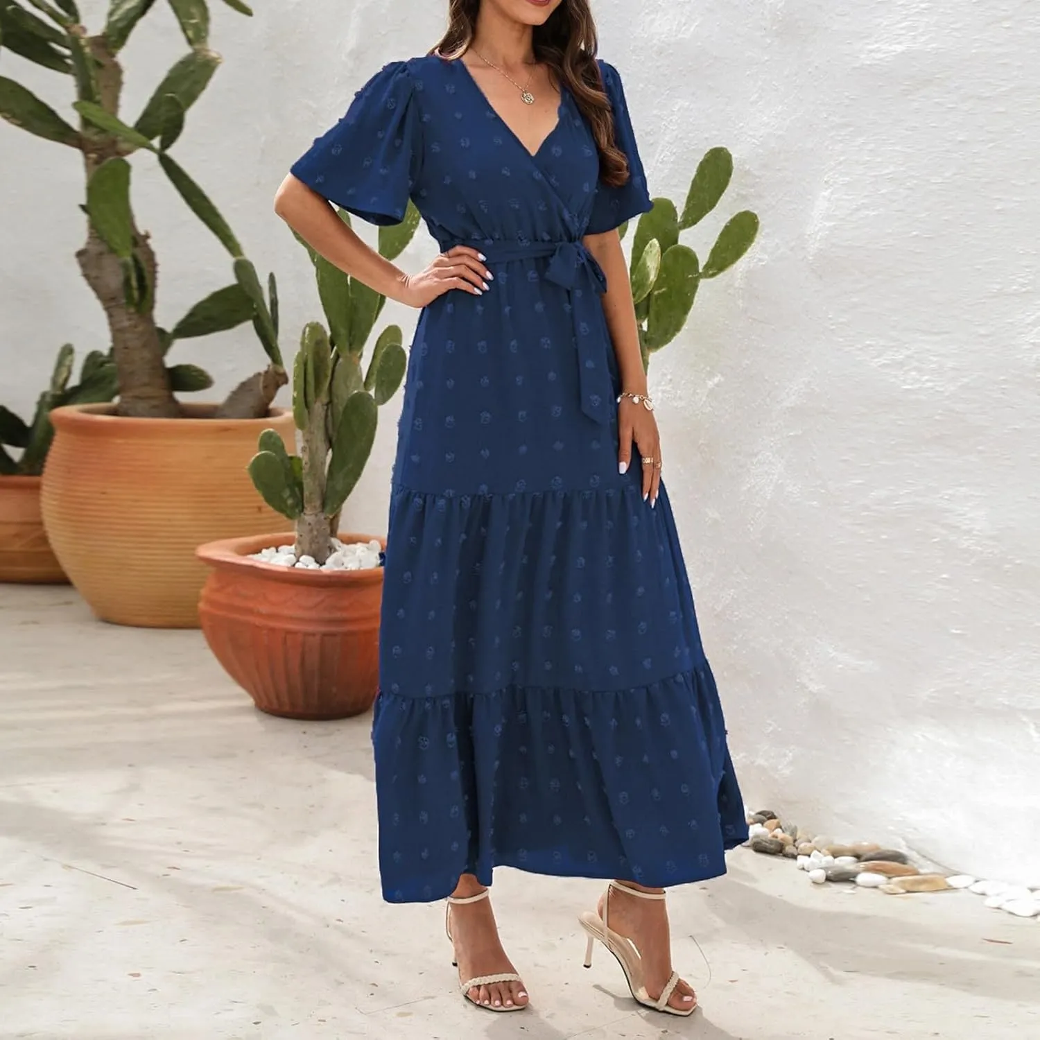 Womens Boho Swiss Dot Maxi Dresses Summer Wrap V Neck Flutter Short Sleeve Tie Belt A Line Tiered Flowy Long Dress