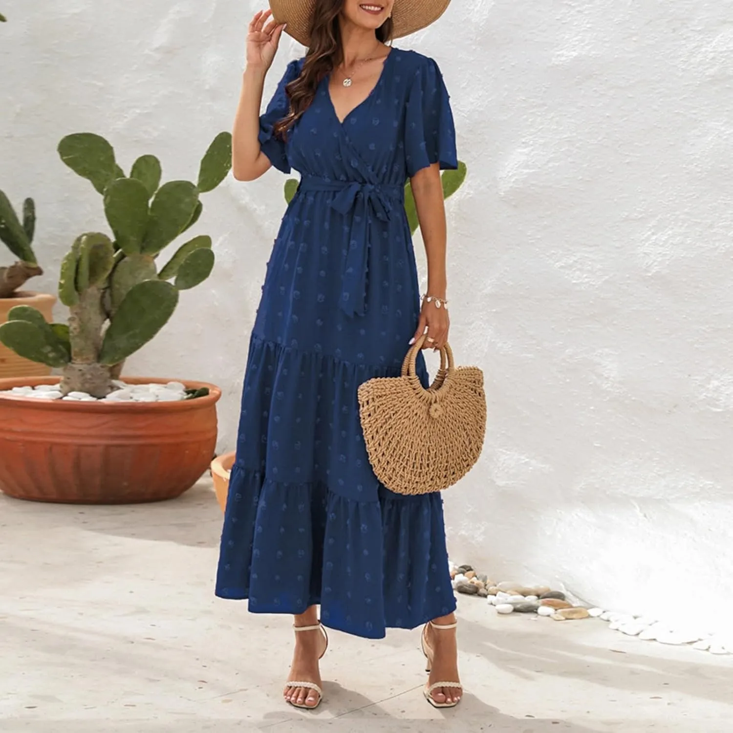 Womens Boho Swiss Dot Maxi Dresses Summer Wrap V Neck Flutter Short Sleeve Tie Belt A Line Tiered Flowy Long Dress