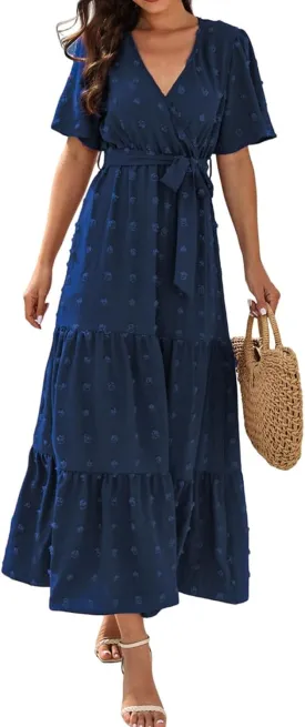 Womens Boho Swiss Dot Maxi Dresses Summer Wrap V Neck Flutter Short Sleeve Tie Belt A Line Tiered Flowy Long Dress