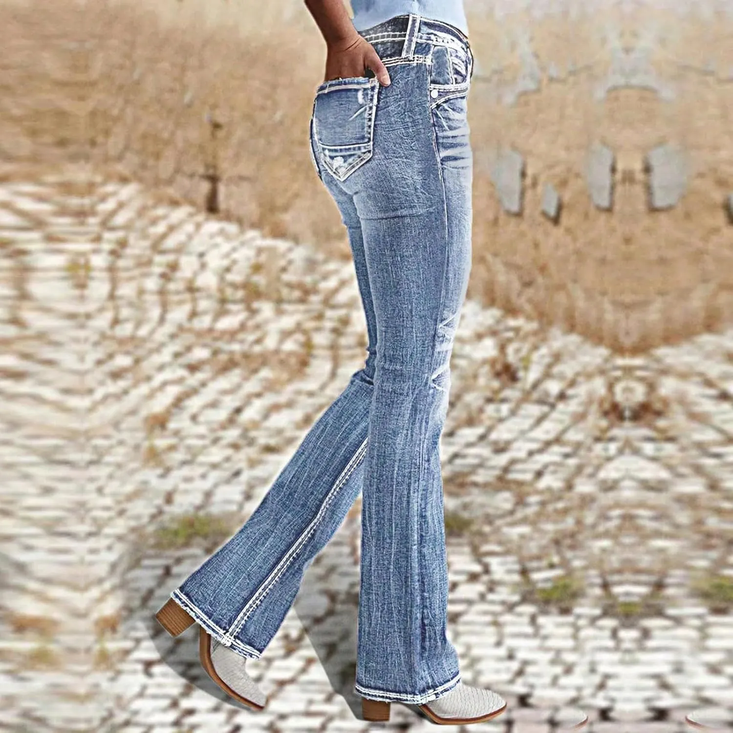 Womens Bootcut Jeans Cute Stretchy Boyfriend High Waisted Flare Jeans Y2K Trendy Country Mom Straight Leg Denim Pants