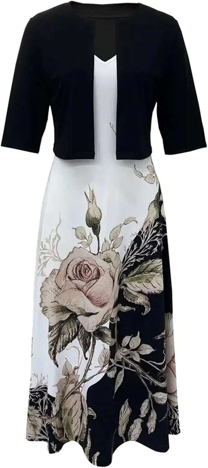 Women's Dress Suit Sets 2 pcs V Neck Floral Print Panel Work Jacket Cardigan Dresses Sleeveless Casual Midi Dresses