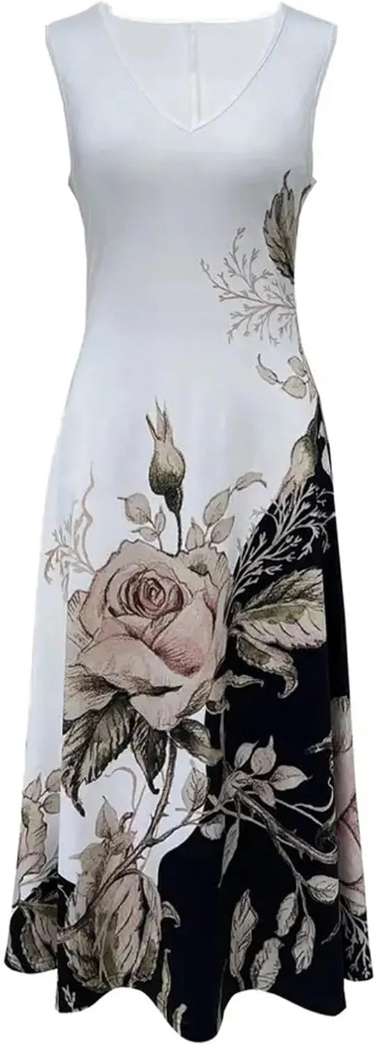 Women's Dress Suit Sets 2 pcs V Neck Floral Print Panel Work Jacket Cardigan Dresses Sleeveless Casual Midi Dresses