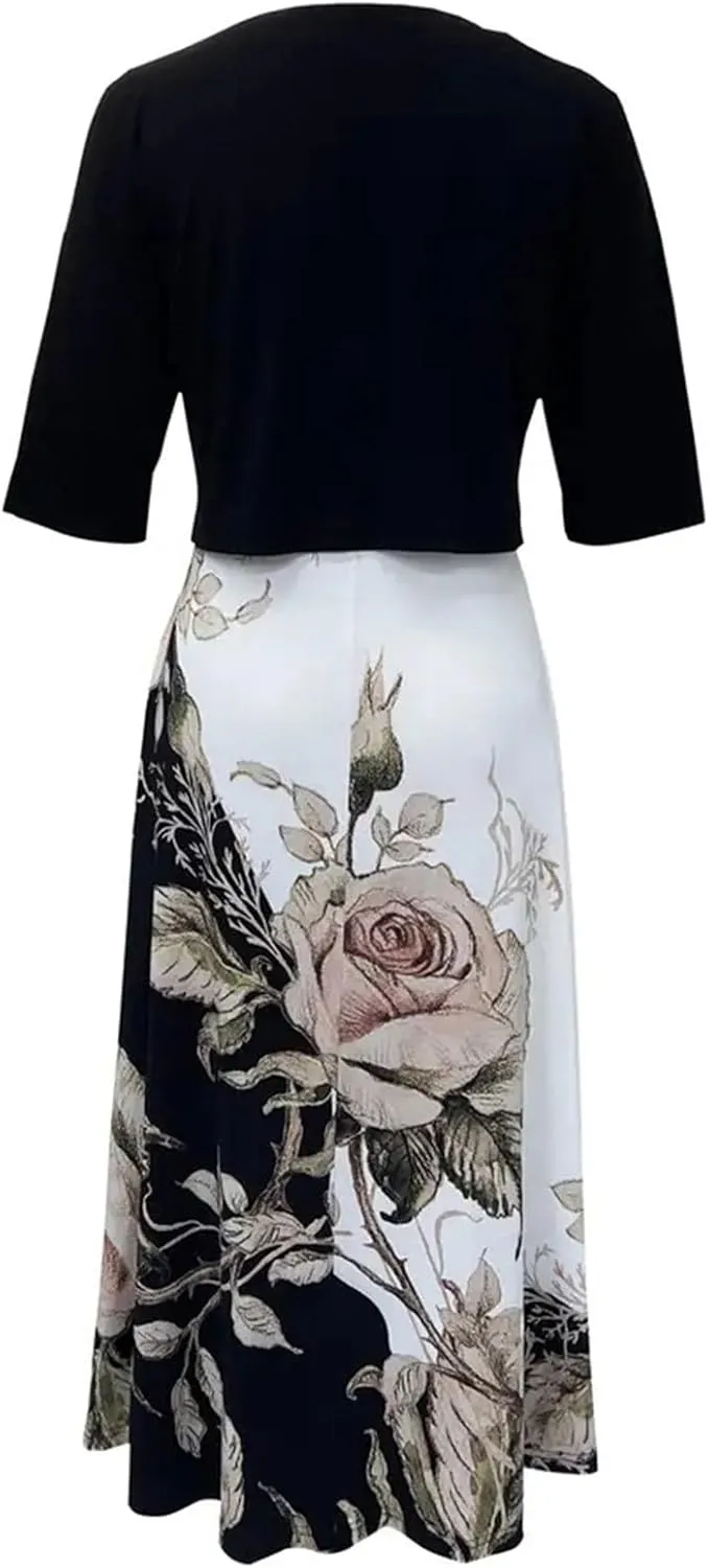 Women's Dress Suit Sets 2 pcs V Neck Floral Print Panel Work Jacket Cardigan Dresses Sleeveless Casual Midi Dresses