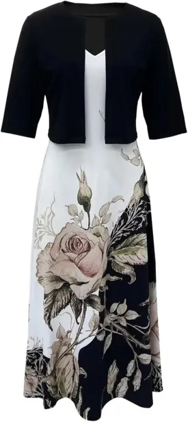 Women's Dress Suit Sets 2 pcs V Neck Floral Print Panel Work Jacket Cardigan Dresses Sleeveless Casual Midi Dresses