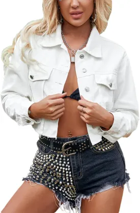 Women's Frayed Short Denim Jacket Trendy Loose Fit Raw Edge Button Up Cropped Jean Coat Outerwear